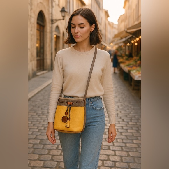 Vtg Dooney & Bourke AWL Teton Drawstring Crossbody Bucket Bag Palomino Yellow - Picture 2 of 15